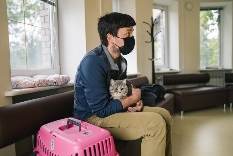 cat owner in hotel lobby