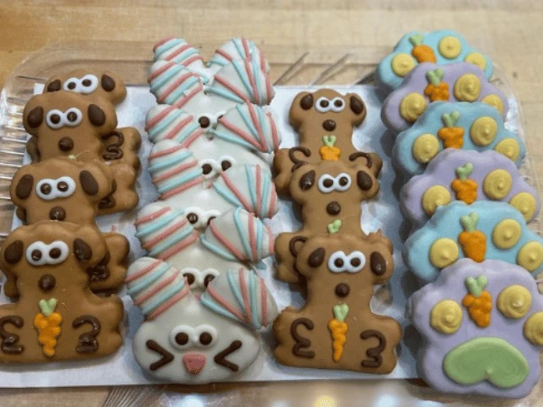 A tray of dog cookies from Two Pals & a Pup, a pet store in Denver