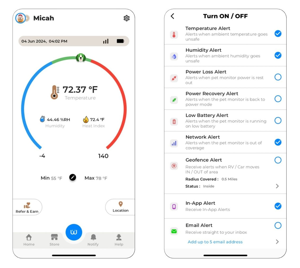 Waggle Pet Monitor Pro+ - app dashboard and alert settings