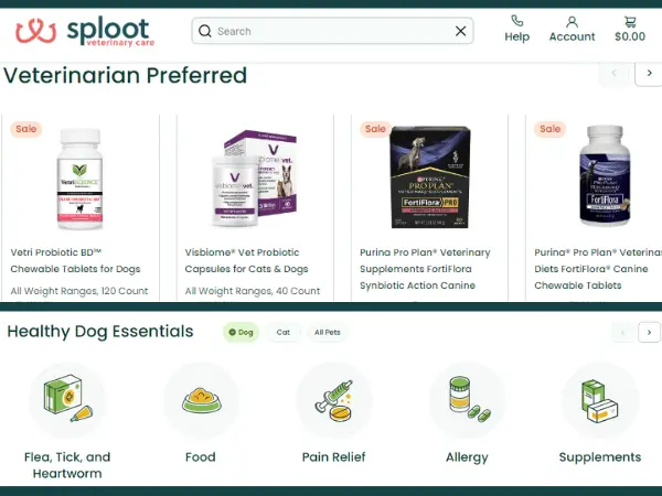 A snapshot of SplootRX, an online pet store with a variety of probiotics for dogs and probiotic chews for dogs