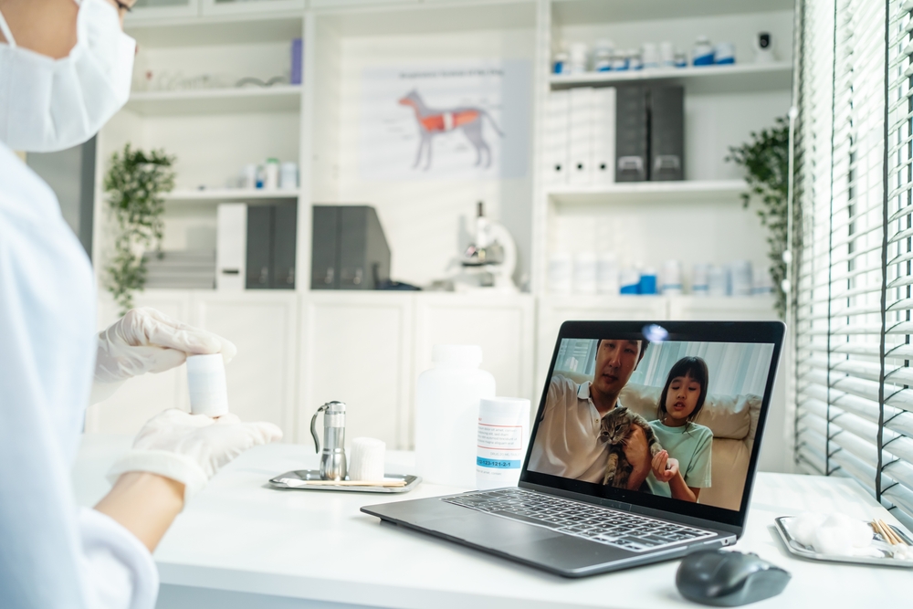 veterinarian talking to the pet owner on online virtual video call