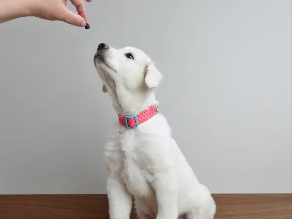 A pet parent giving a dog a treat which is the last step of how to cut a dog’s nails