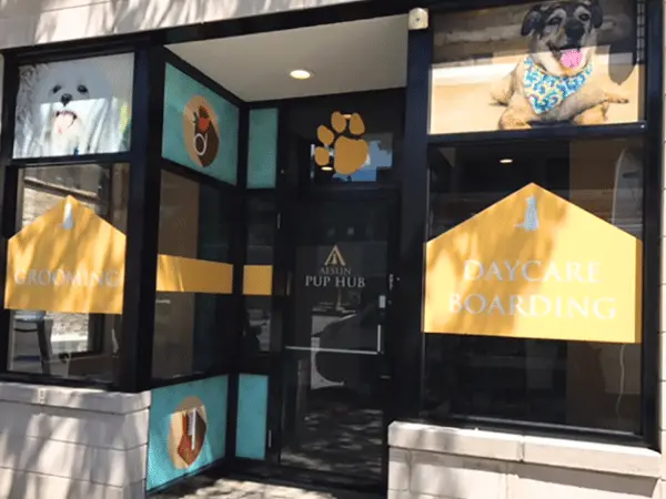 The outside of Aeslin Pup Hub, an establishment that offers dog grooming in Chicago