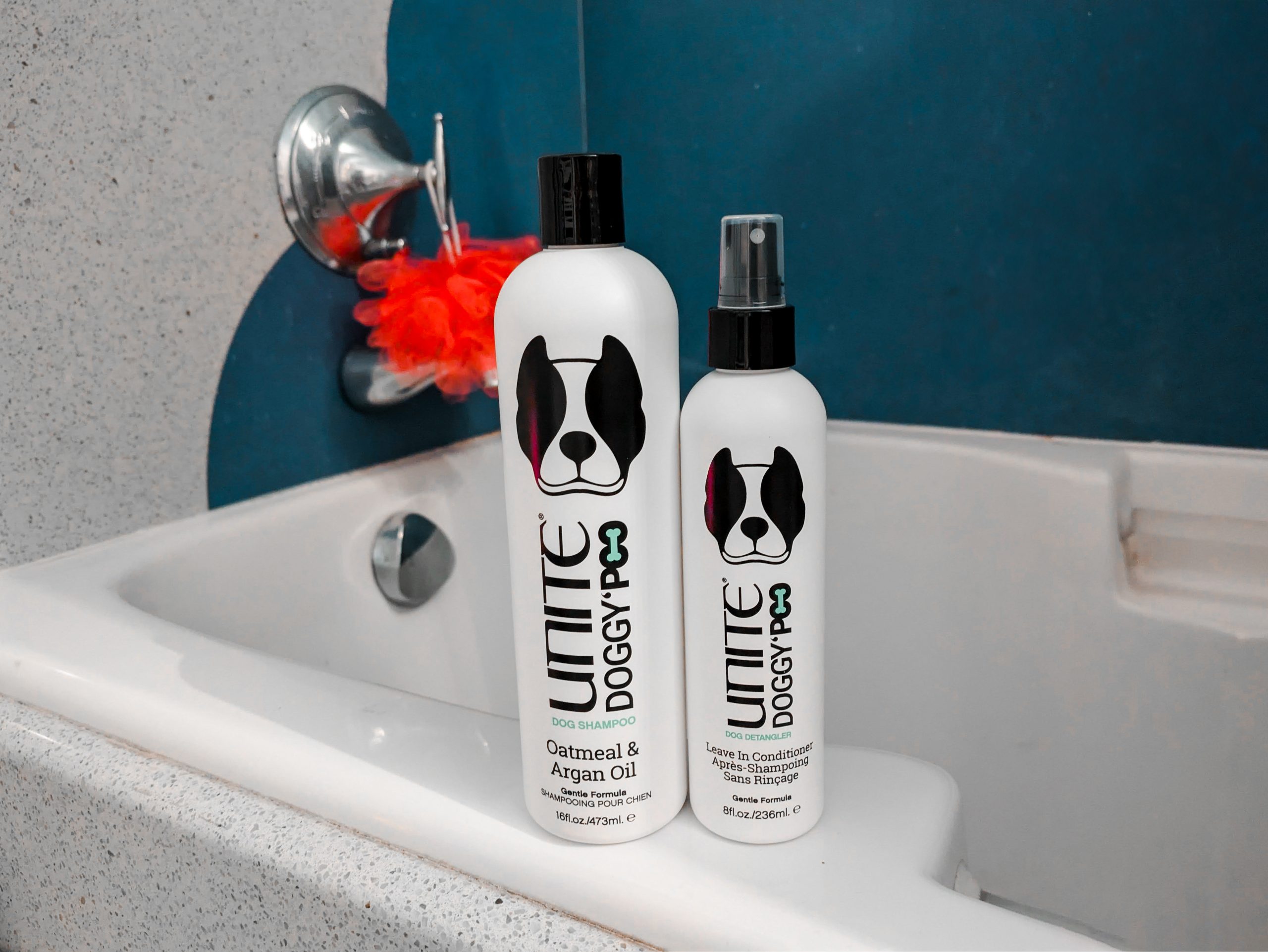 UNITE Hair Dog Grooming Products in bathroom